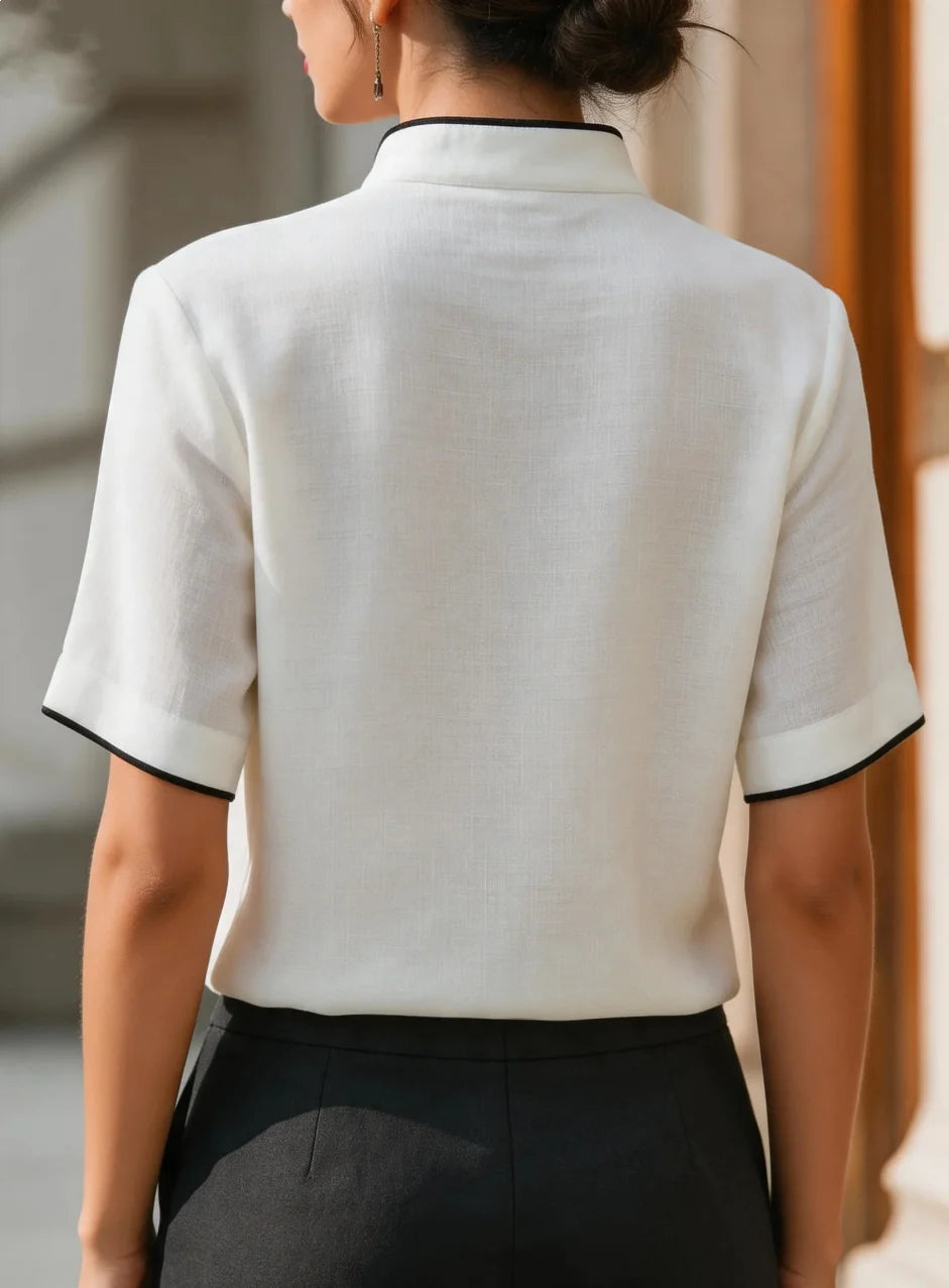 Women's Short Sleeve V-Neck Button Detail Blouse