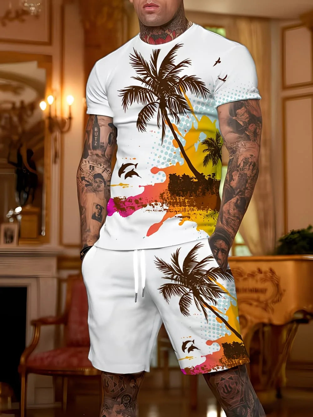 Men's Short Sleeve Palm Tree Print Shorts Set