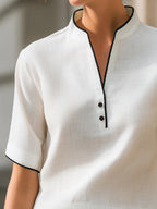 Women's Short Sleeve V-Neck Button Detail Blouse