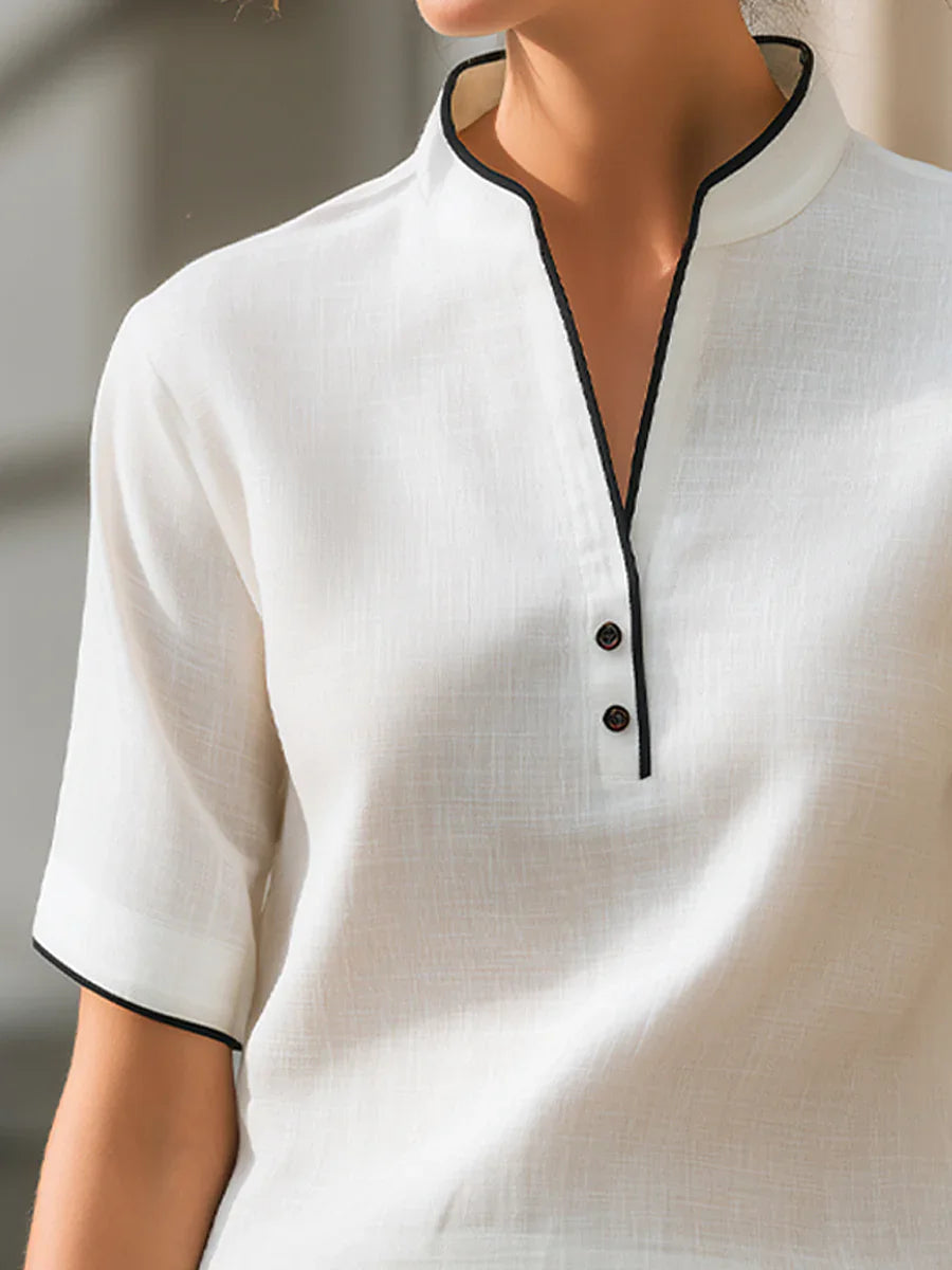 Women's Short Sleeve V-Neck Button Detail Blouse