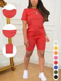 Women's Solid Color Short Sleeve Shorts Set