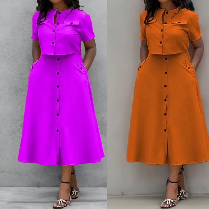 Women's Two Piece Summer Short Sleeve O-Neck Shirt and Skirt Set