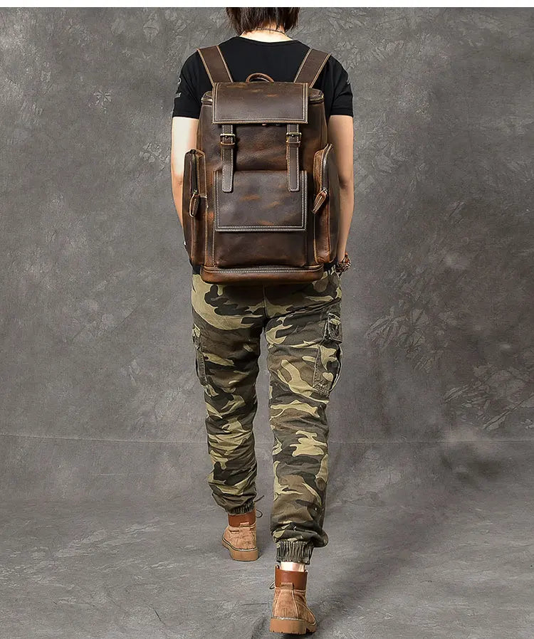 Vintage Crazy Horse Genuine Leather Hiking Backpack