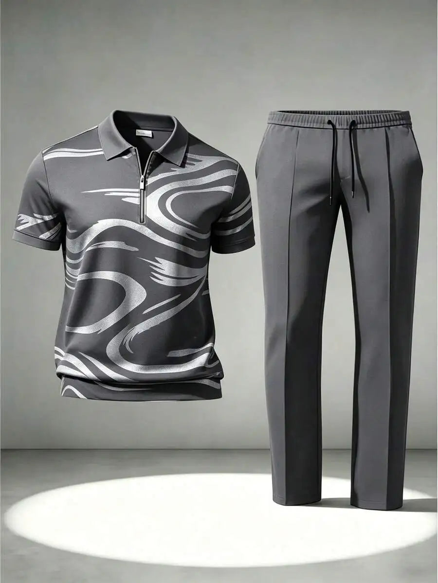 Men's Casual Shirt with Swirl Print and Pants Set