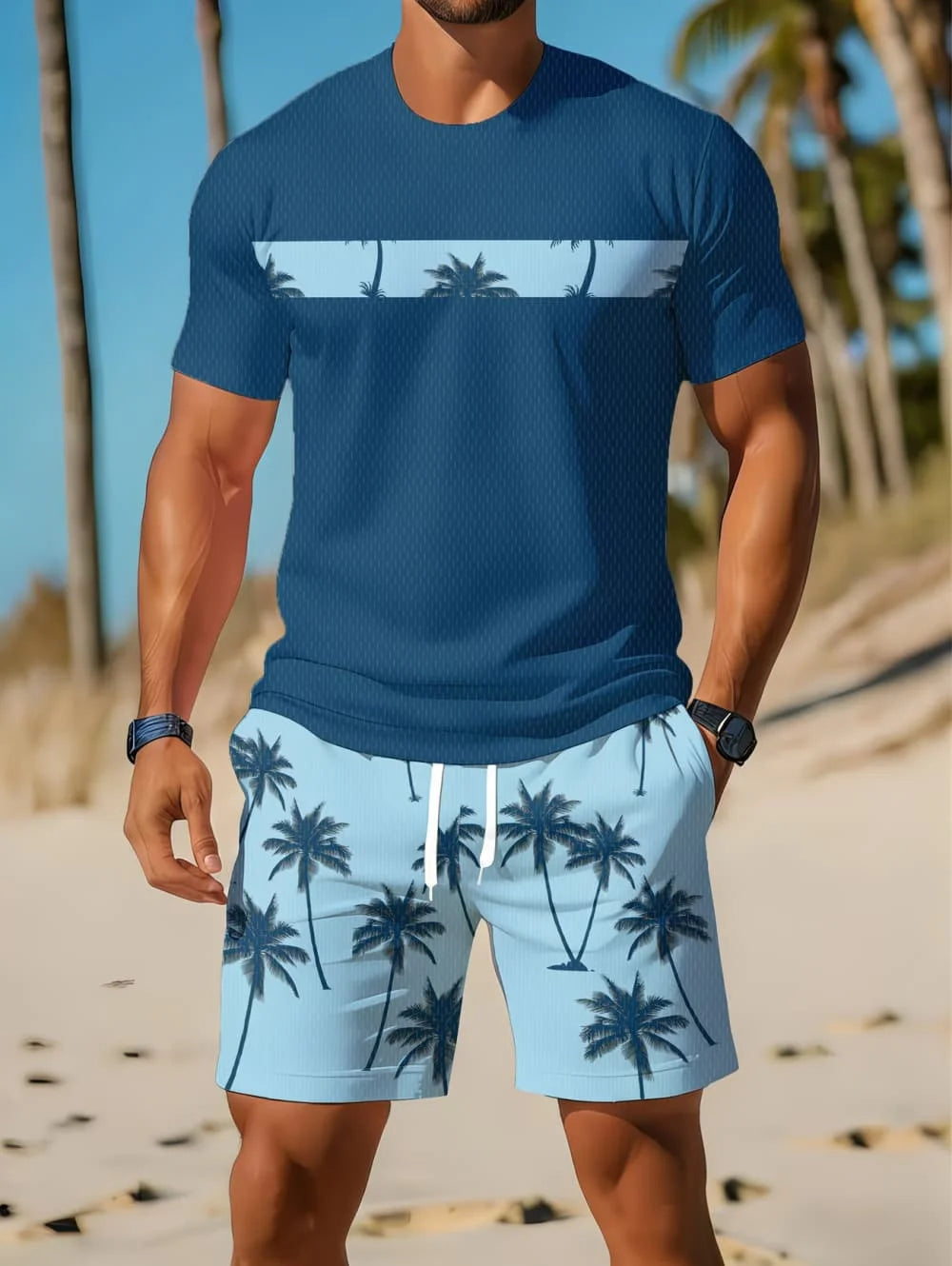 Men's Short Sleeve Palm Tree Print Shorts Set