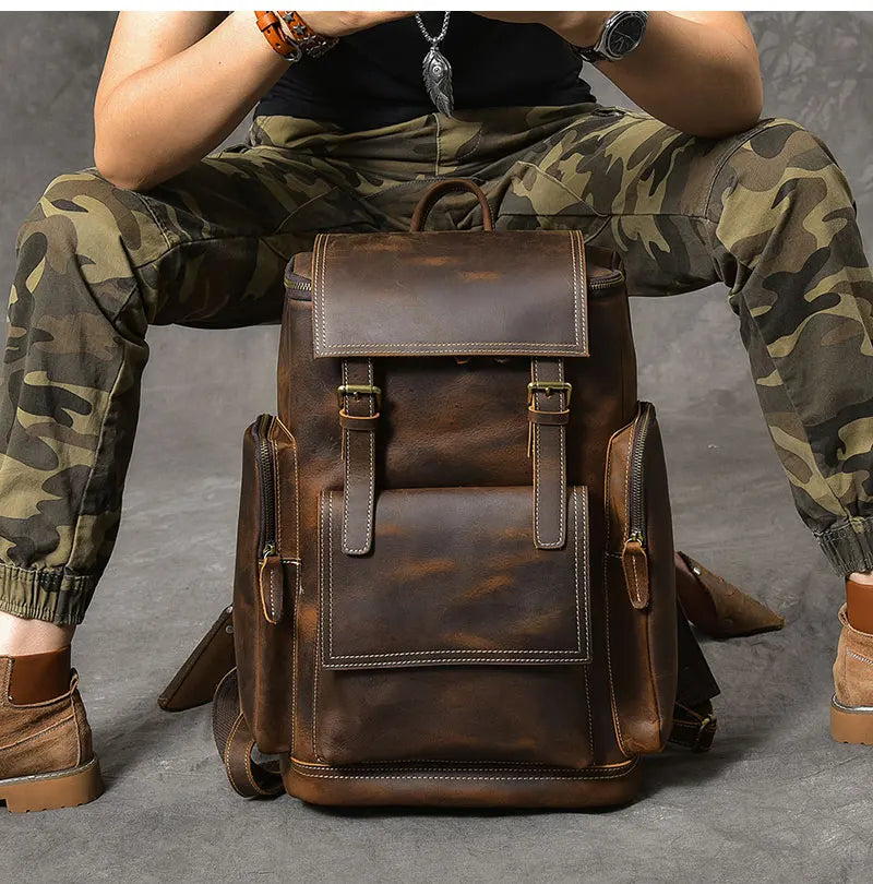 Vintage Crazy Horse Genuine Leather Hiking Backpack