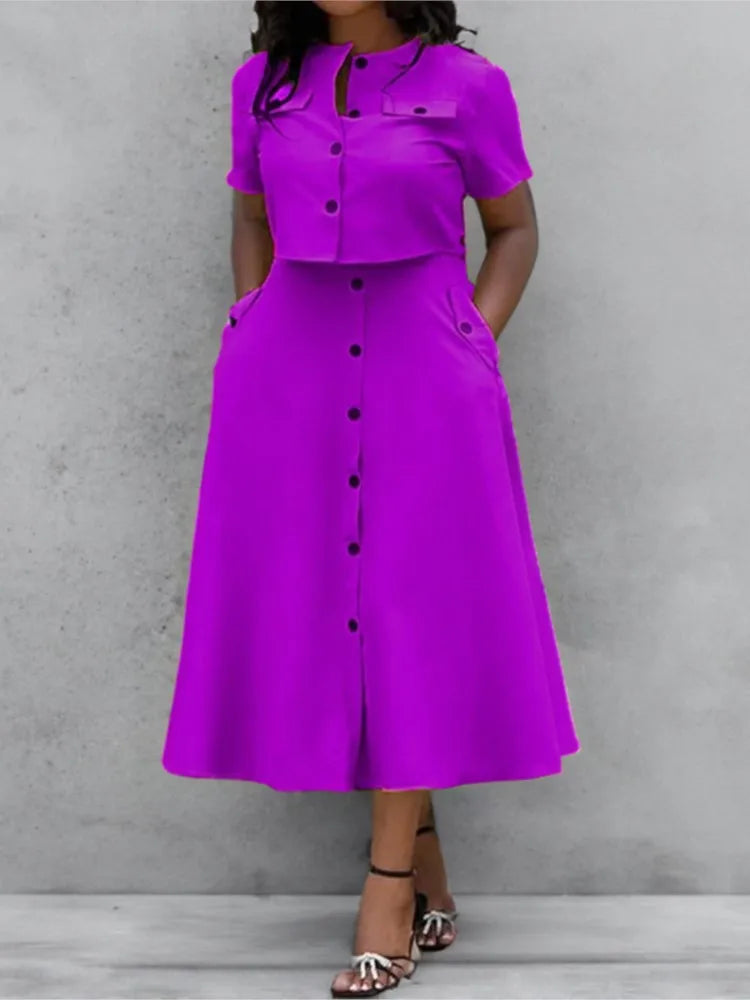 Women's Two Piece Summer Short Sleeve O-Neck Shirt and Skirt Set