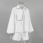 Women's Cotton Linen Long-Sleeved Black and White Shorts Set