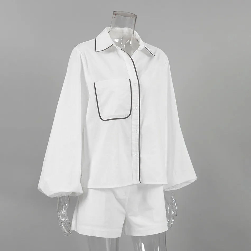 Women's Cotton Linen Long-Sleeved Black and White Shorts Set