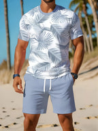 Men's Short Sleeve Palm Tree Print Shorts Set
