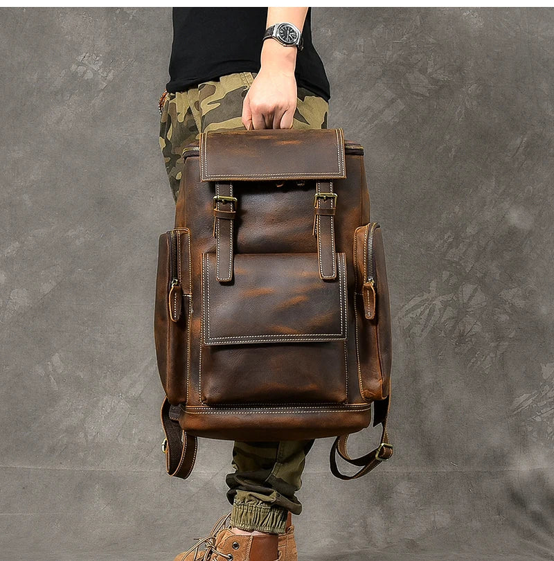 Vintage Crazy Horse Genuine Leather Hiking Backpack