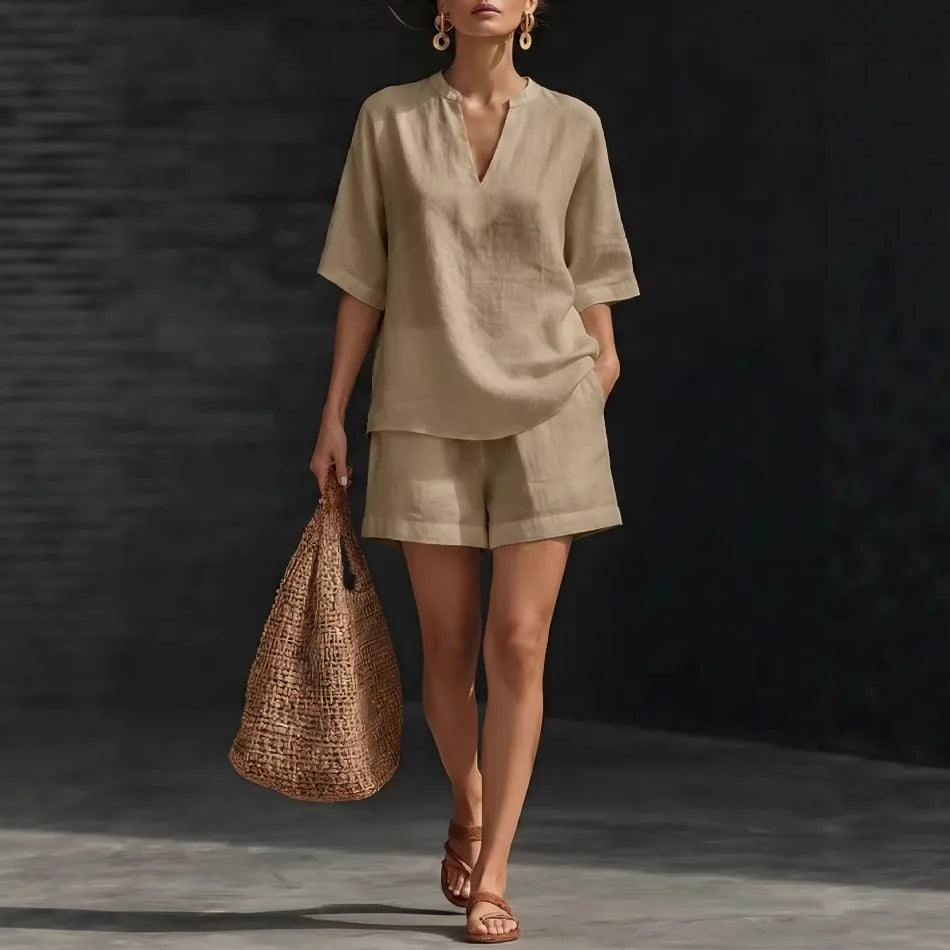Women's Linen Loose Sleeve Shorts Set