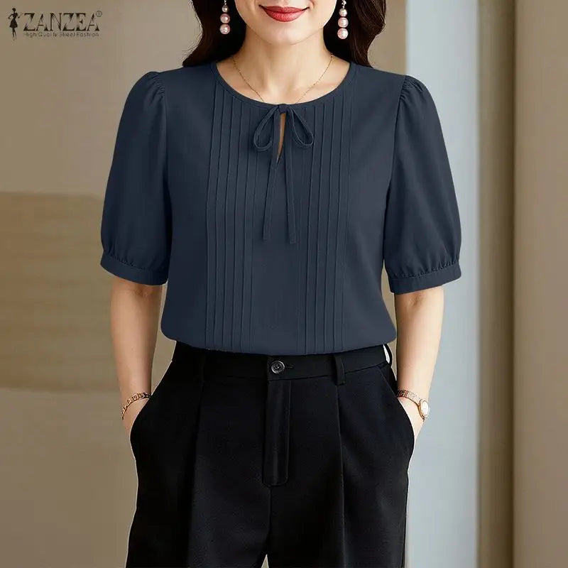 Women's Lace Up Blouse w/Puff Sleeves