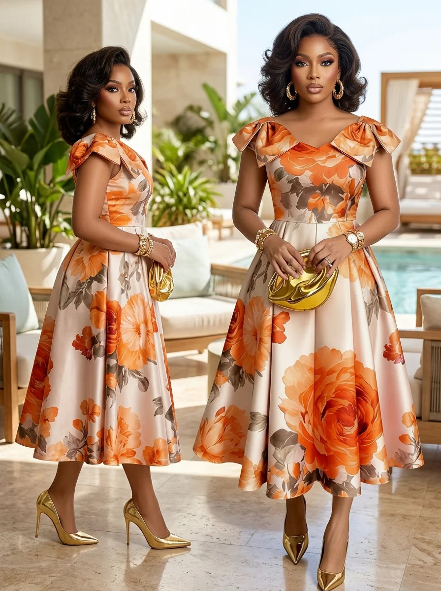 Women's Off Shoulder Bow Strap Floral Print Midi Swing Dress