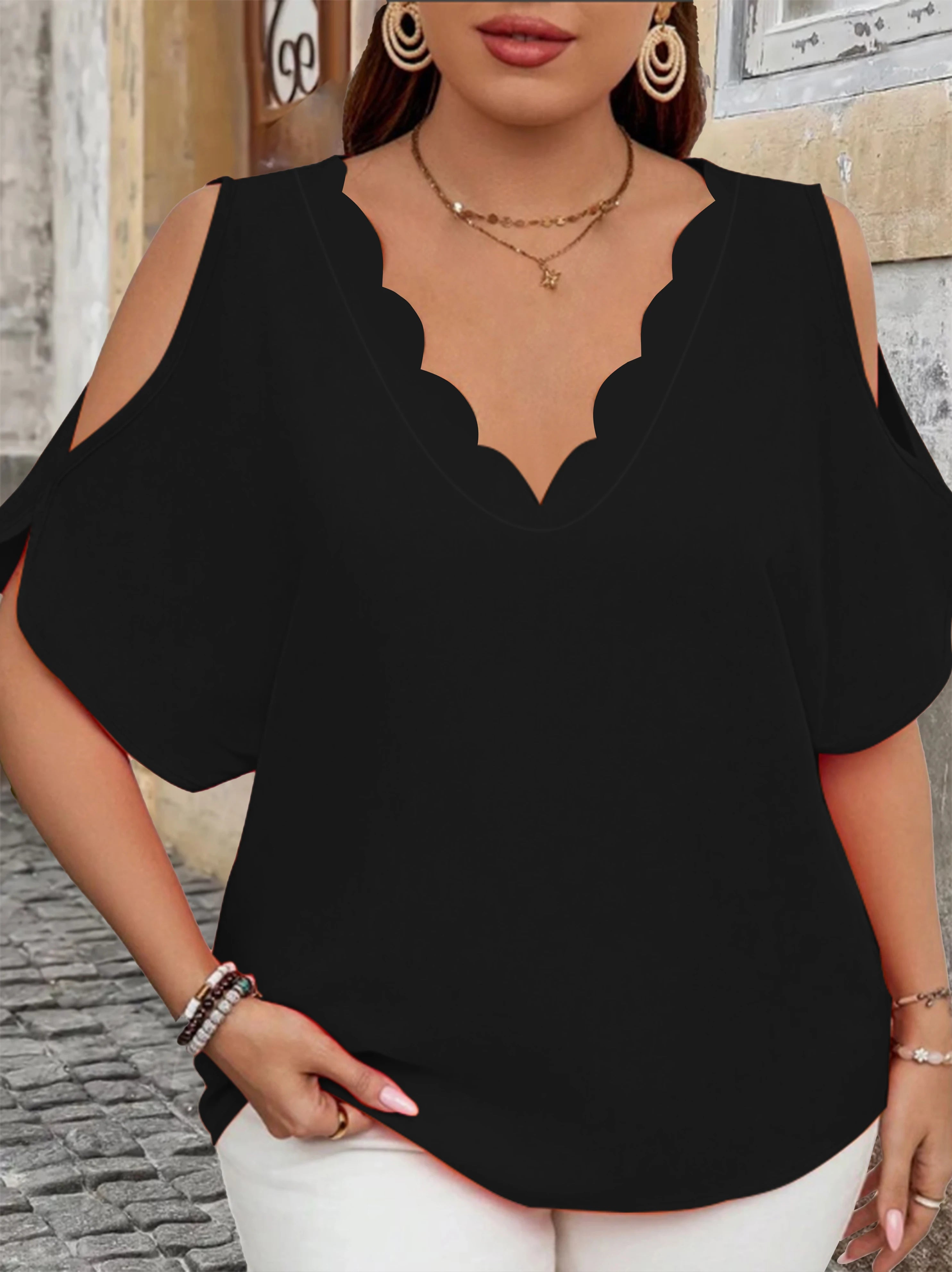 Women's Elegant Off-Shoulder Wave V-Neck T-Shirt