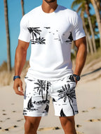 Men's Short Sleeve Palm Tree Print Shorts Set