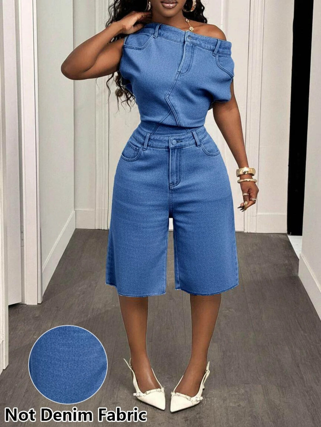 Women's Off Shoulder Sleeveless Fitted Top Matching Loose Knee Length Shorts