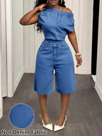 Women's Off Shoulder Sleeveless Fitted Top Matching Loose Knee Length Shorts