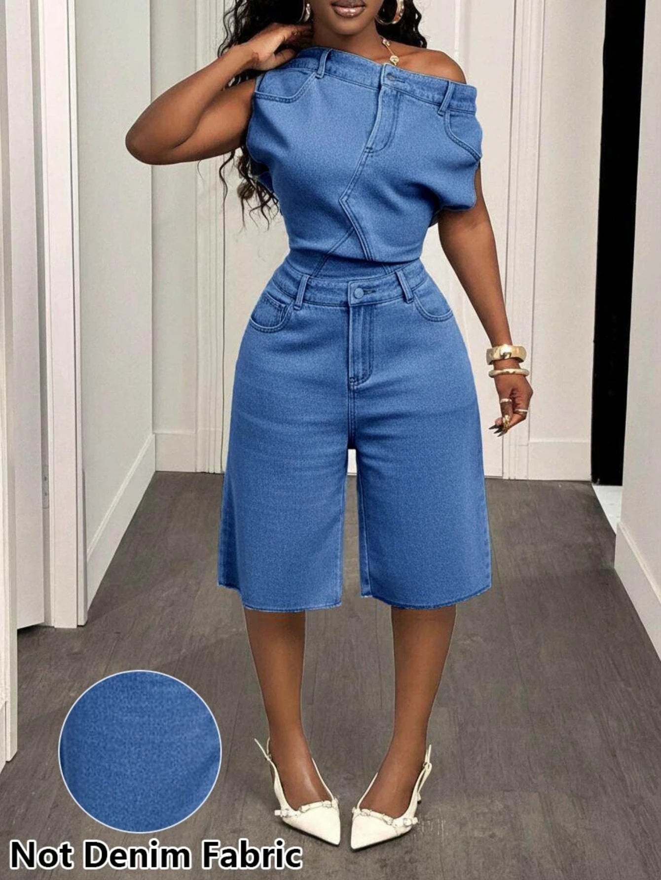 Women's Off Shoulder Sleeveless Fitted Top Matching Loose Knee Length Shorts