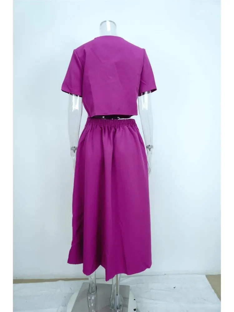 Women's Two Piece Summer Short Sleeve O-Neck Shirt and Skirt Set