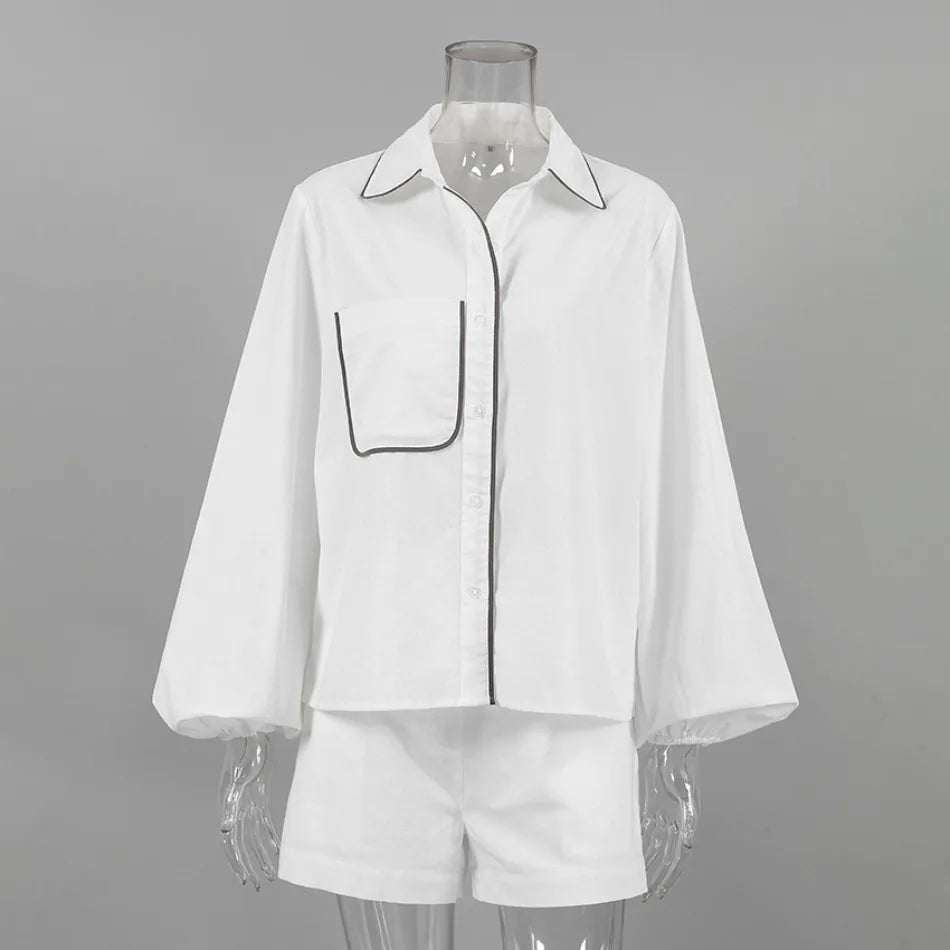 Women's Cotton Linen Long-Sleeved Black and White Shorts Set