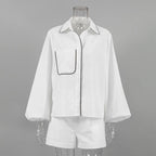 Women's Cotton Linen Long-Sleeved Black and White Shorts Set