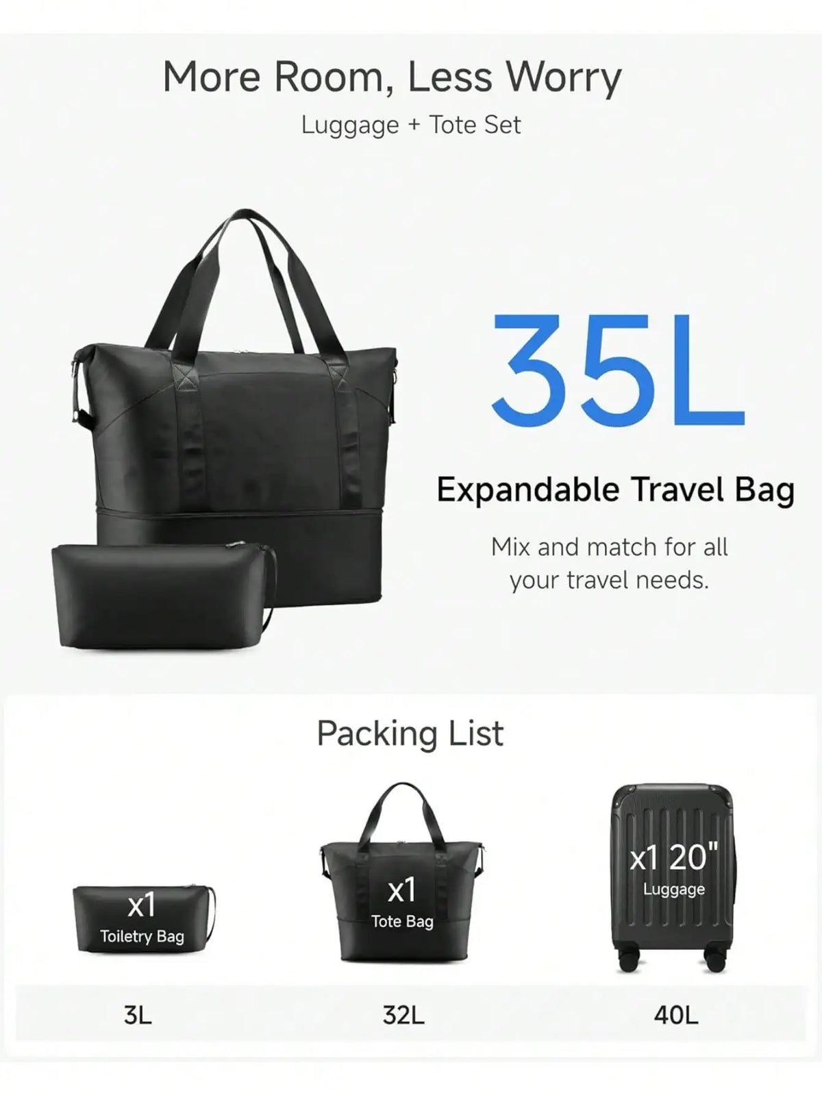 3Pcs Travel Luggage Set with Tote & Toiletry Bag