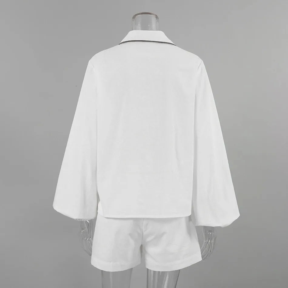 Women's Cotton Linen Long-Sleeved Black and White Shorts Set