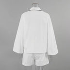 Women's Cotton Linen Long-Sleeved Black and White Shorts Set