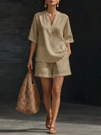 Women's Linen Loose Sleeve Shorts Set