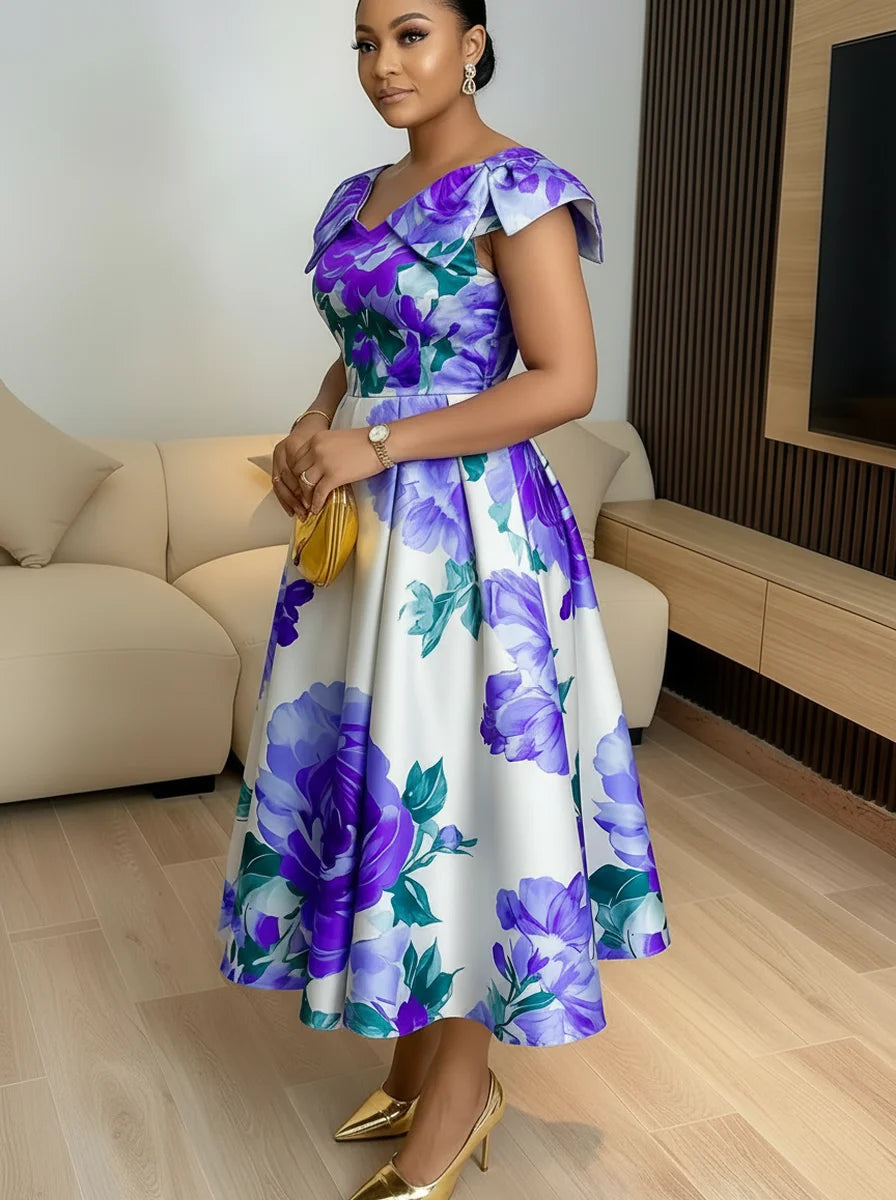Women's Off Shoulder Bow Strap Floral Print Midi Swing Dress