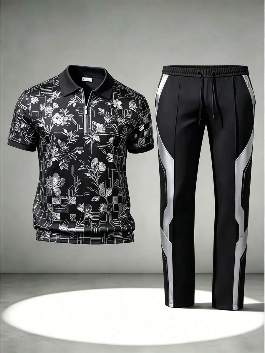 Men's Casual Floral Digital Print Zipper Shirt Pants Set