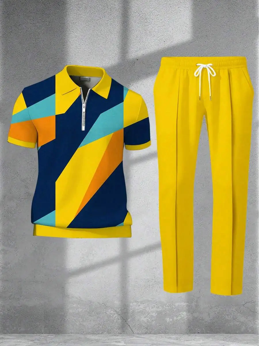 Men's Geometric Print Shirt And Yellow Drawstring Pants Set