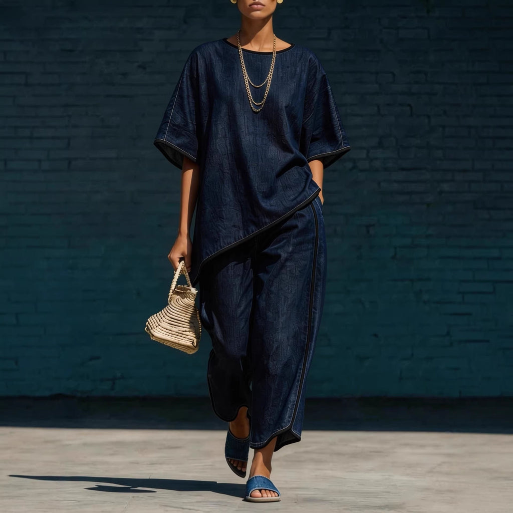 Women's Denim-Style Knit Top & Wide-Leg Pants Set