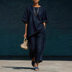 Women's Denim-Style Knit Top & Wide-Leg Pants Set