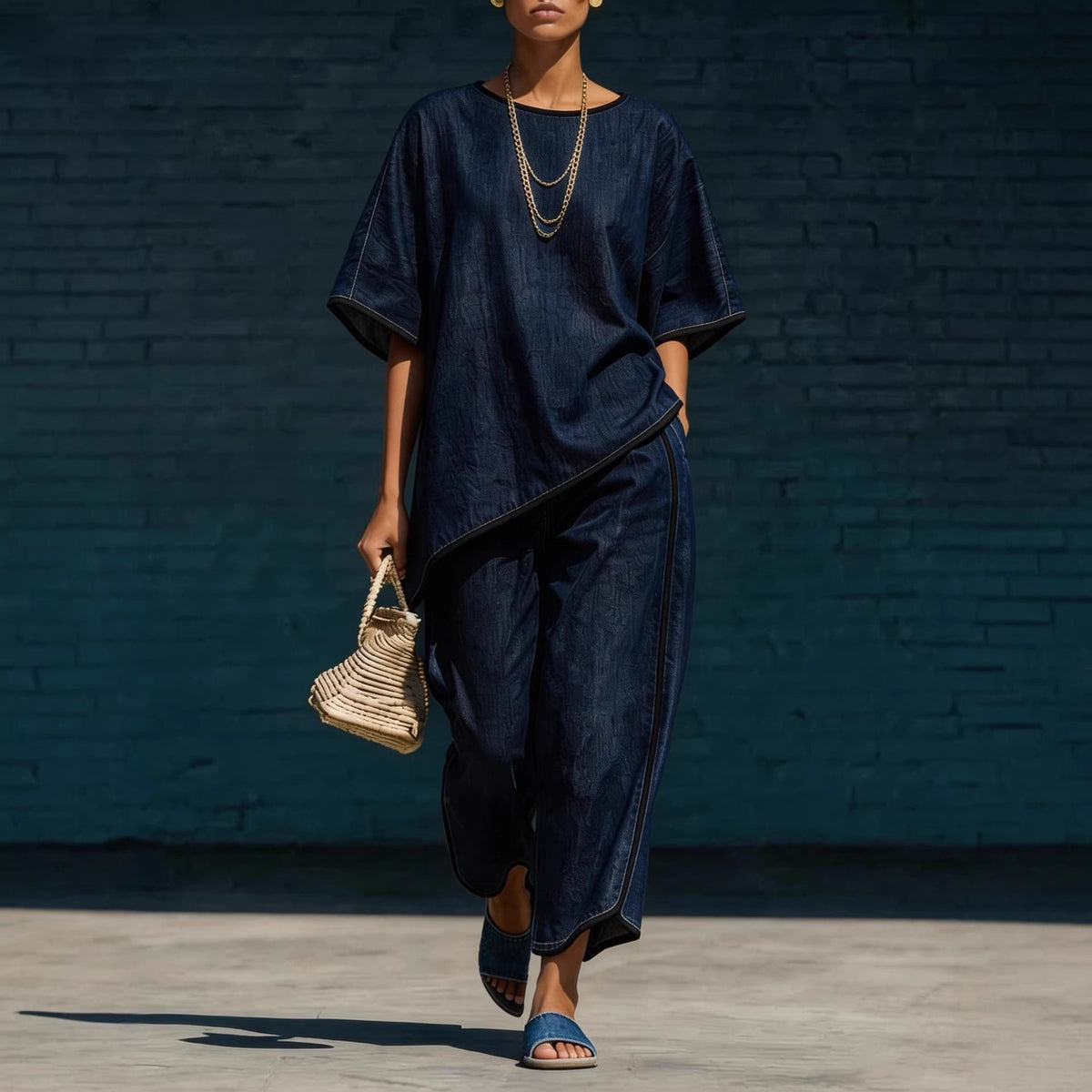 Women's Denim-Style Knit Top & Wide-Leg Pants Set