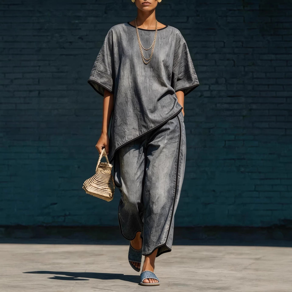 Women's Denim-Style Knit Top & Wide-Leg Pants Set