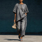 Women's Denim-Style Knit Top & Wide-Leg Pants Set